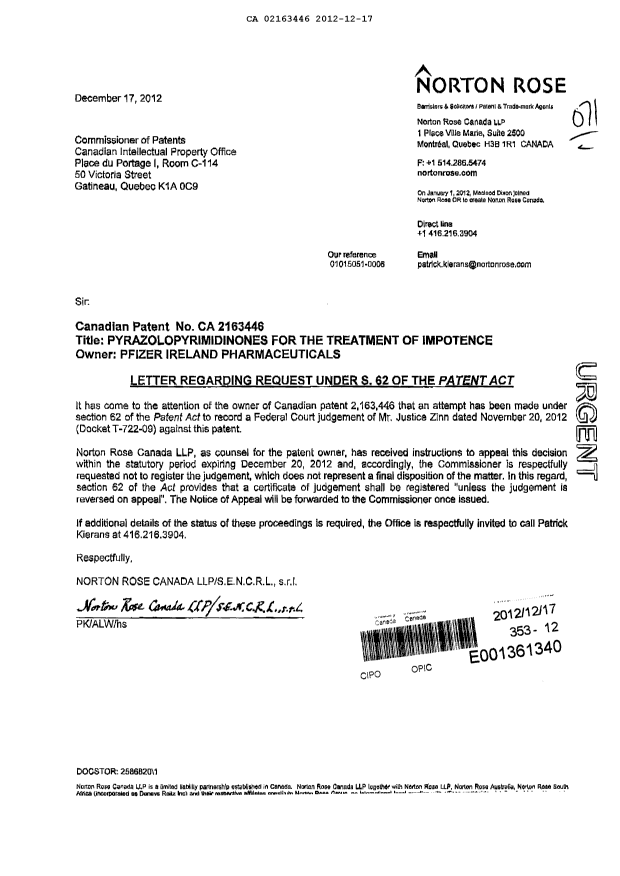Canadian Patent Document 2163446. Prosecution-Amendment 20111217. Image 1 of 2