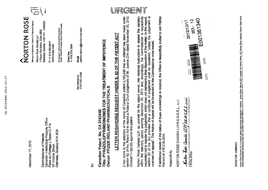 Document de brevet canadien 2163446. Poursuite-Amendment 20111217. Image 1 de 2