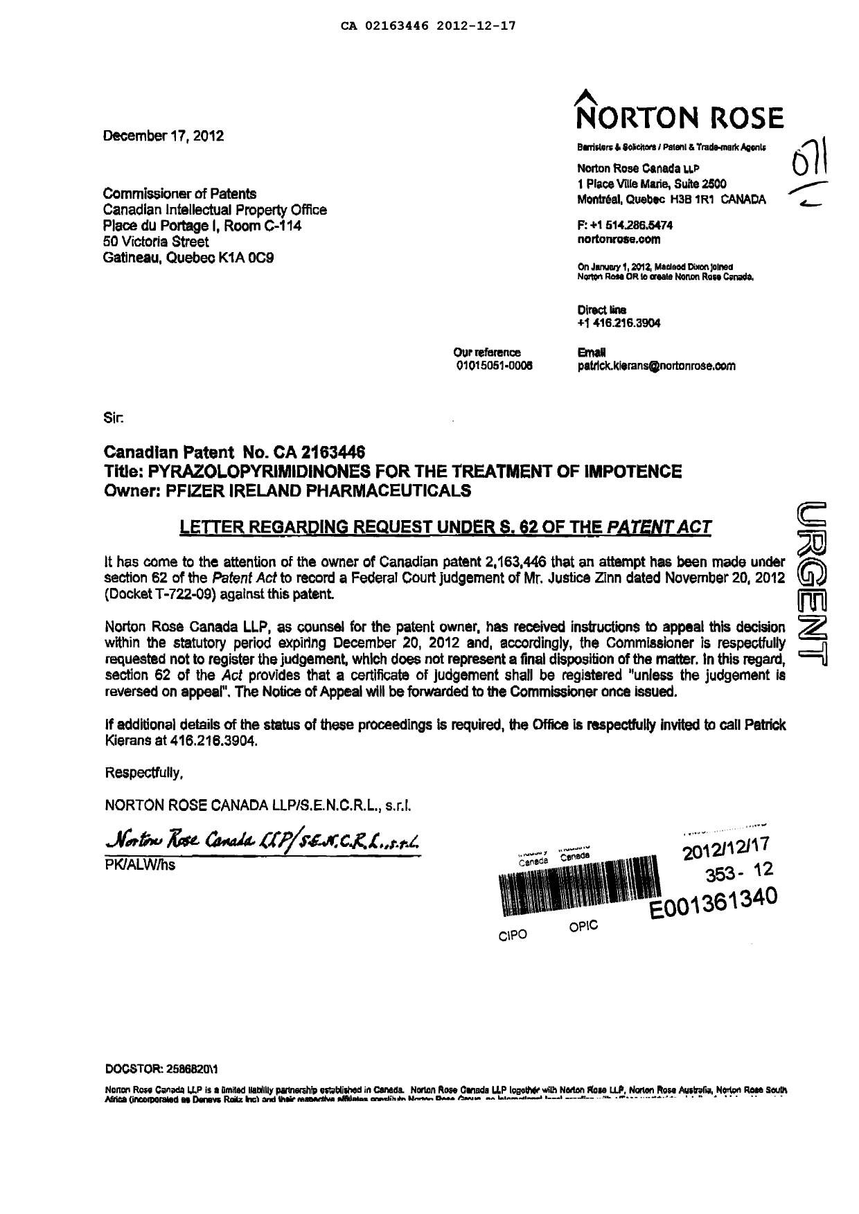 Document de brevet canadien 2163446. Poursuite-Amendment 20111217. Image 1 de 2