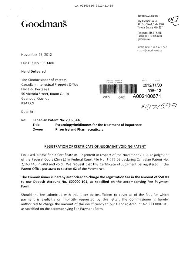 Document de brevet canadien 2163446. Poursuite-Amendment 20111230. Image 1 de 21