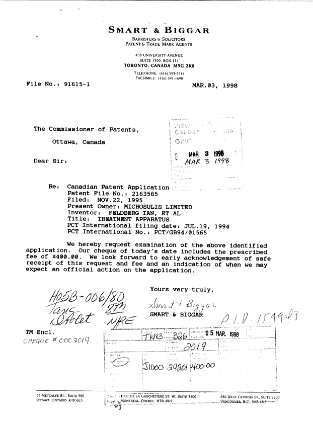 Document de brevet canadien 2163565. Poursuite-Amendment 19980303. Image 1 de 1