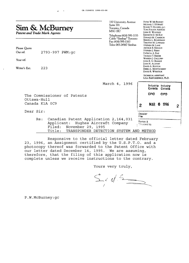 Document de brevet canadien 2164031. Correspondance reliée aux formalités 19960306. Image 1 de 1