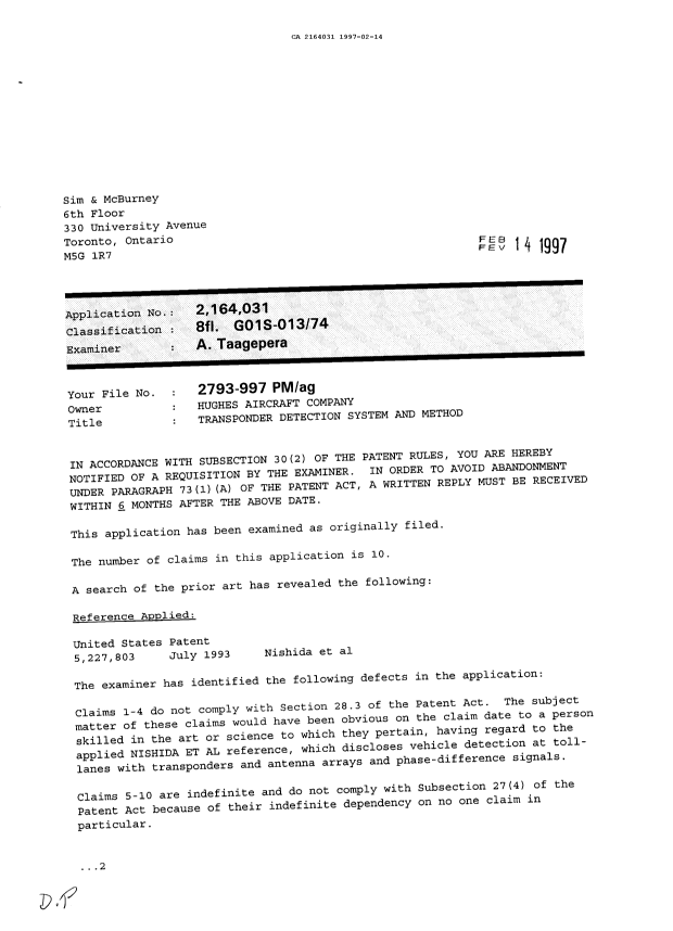 Document de brevet canadien 2164031. Demande d'examen 19970214. Image 1 de 2