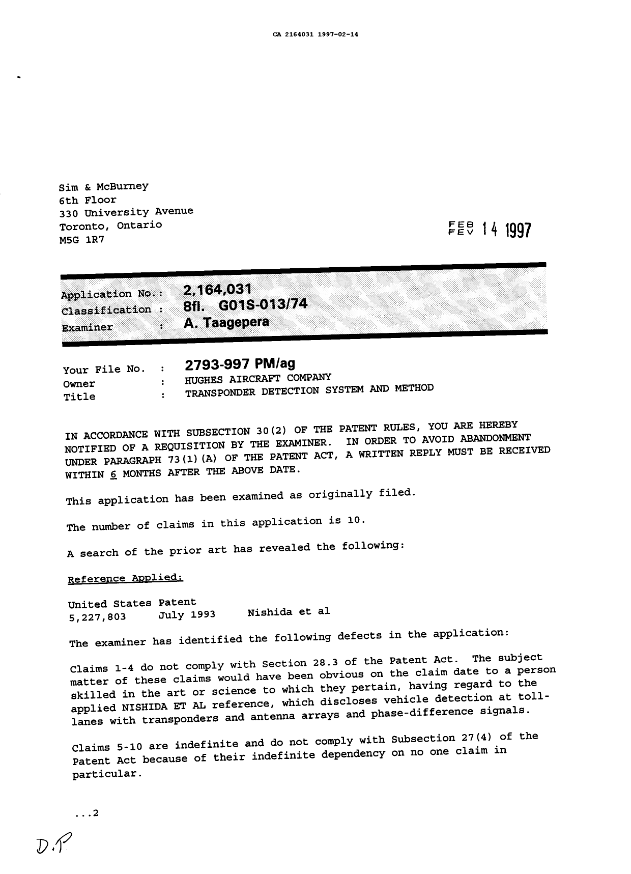 Canadian Patent Document 2164031. Examiner Requisition 19970214. Image 1 of 2