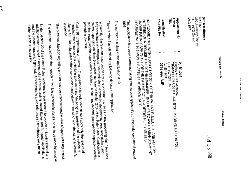 Canadian Patent Document 2164031. Examiner Requisition 19980616. Image 1 of 2