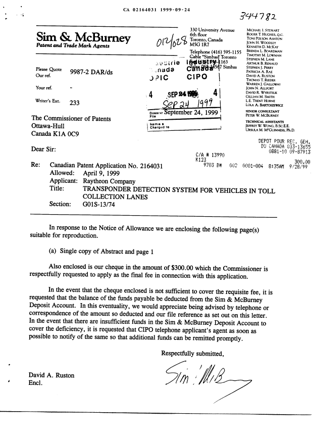Document de brevet canadien 2164031. Correspondance 19990924. Image 1 de 3