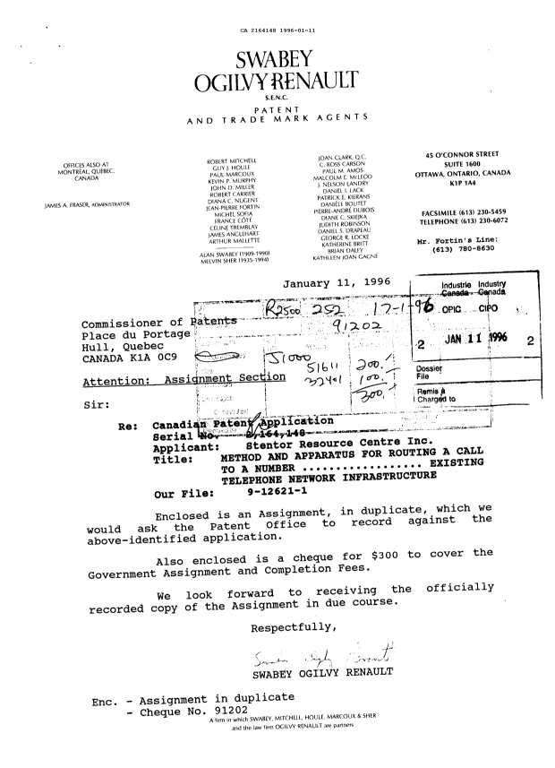 Canadian Patent Document 2164148. Assignment 19951211. Image 1 of 3