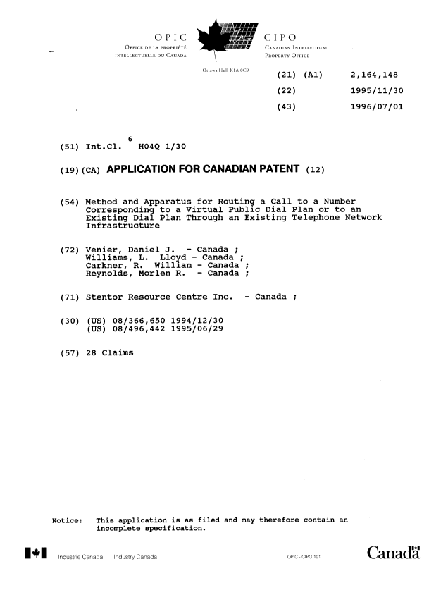 Canadian Patent Document 2164148. Cover Page 19951229. Image 1 of 1