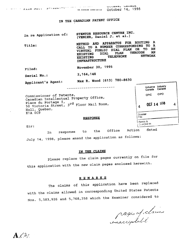 Canadian Patent Document 2164148. Prosecution-Amendment 19971214. Image 1 of 2
