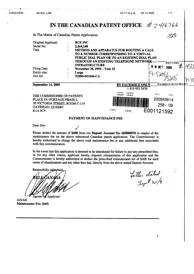 Document de brevet canadien 2164148. Taxes 20081214. Image 1 de 1