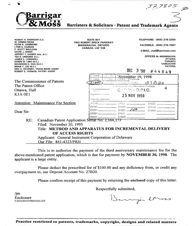 Document de brevet canadien 2164173. Taxes 19981125. Image 1 de 1