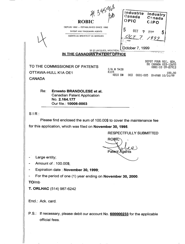 Canadian Patent Document 2164177. Fees 19991007. Image 1 of 1
