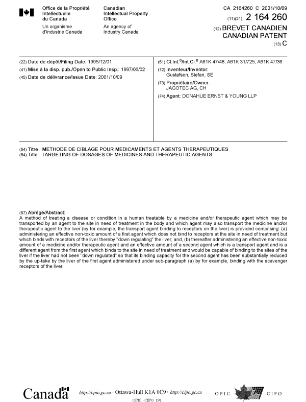 Document de brevet canadien 2164260. Page couverture 20010925. Image 1 de 1