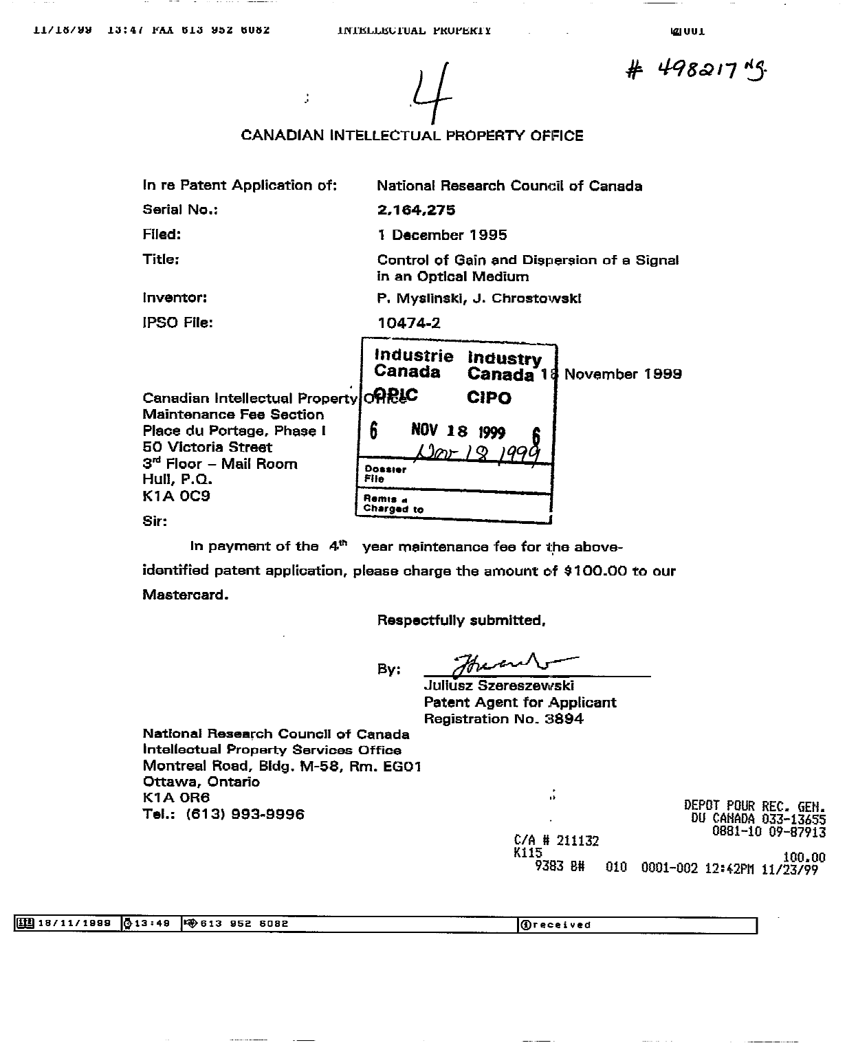 Canadian Patent Document 2164275. Fees 19991118. Image 1 of 1