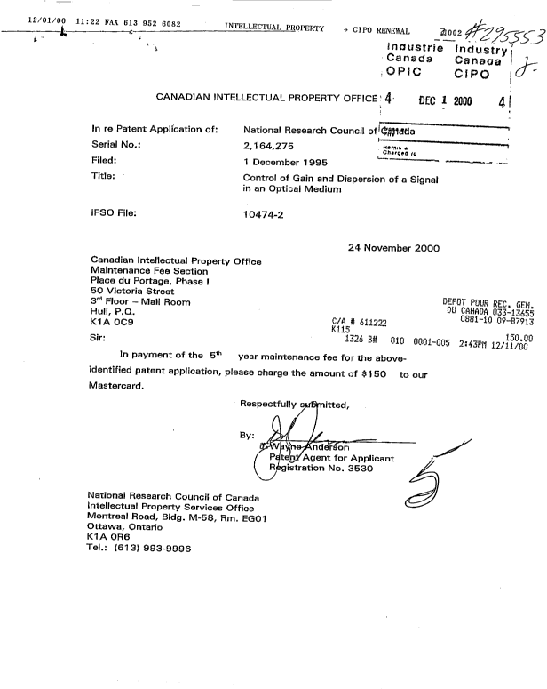 Document de brevet canadien 2164275. Taxes 20001201. Image 1 de 1