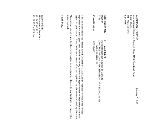 Document de brevet canadien 2164275. Correspondance 20010105. Image 1 de 1