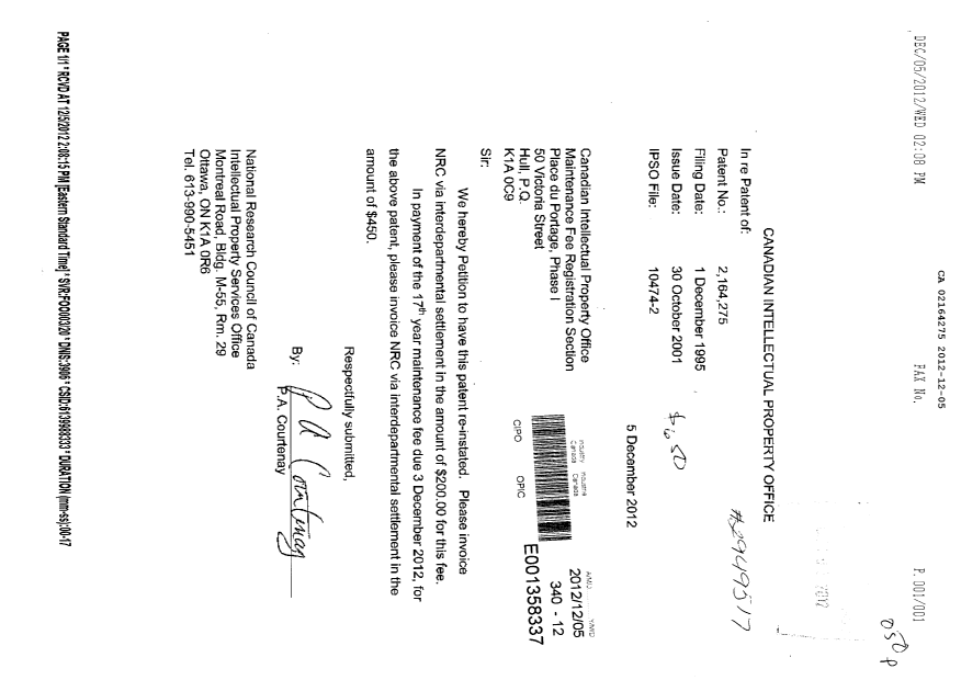 Canadian Patent Document 2164275. Fees 20121205. Image 1 of 1