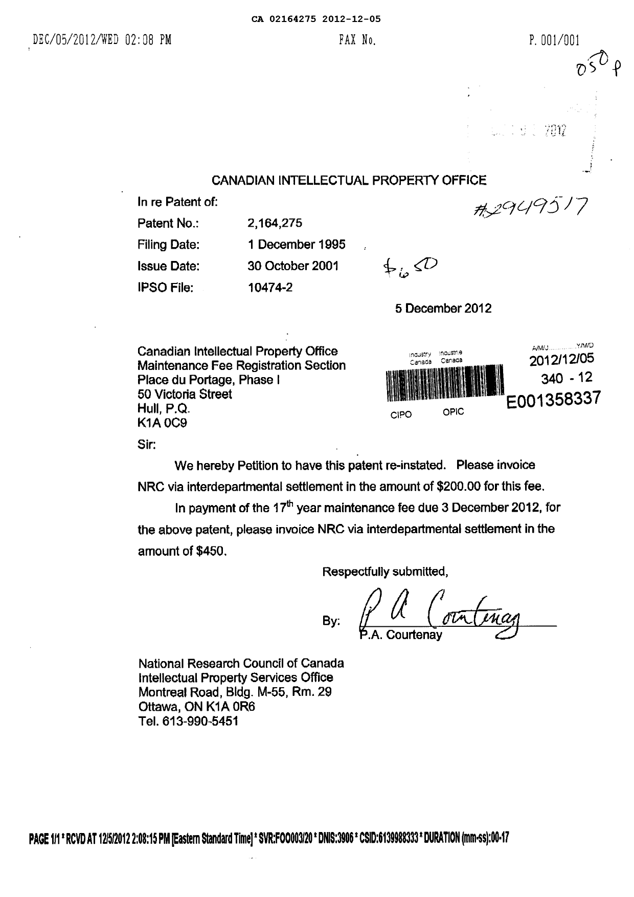 Canadian Patent Document 2164275. Fees 20121205. Image 1 of 1