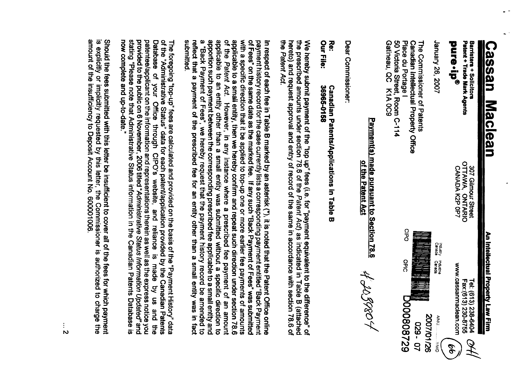 Canadian Patent Document 2164360. Prosecution-Amendment 20061226. Image 1 of 10
