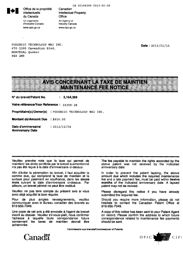 Document de brevet canadien 2164369. Correspondance 20130228. Image 1 de 4
