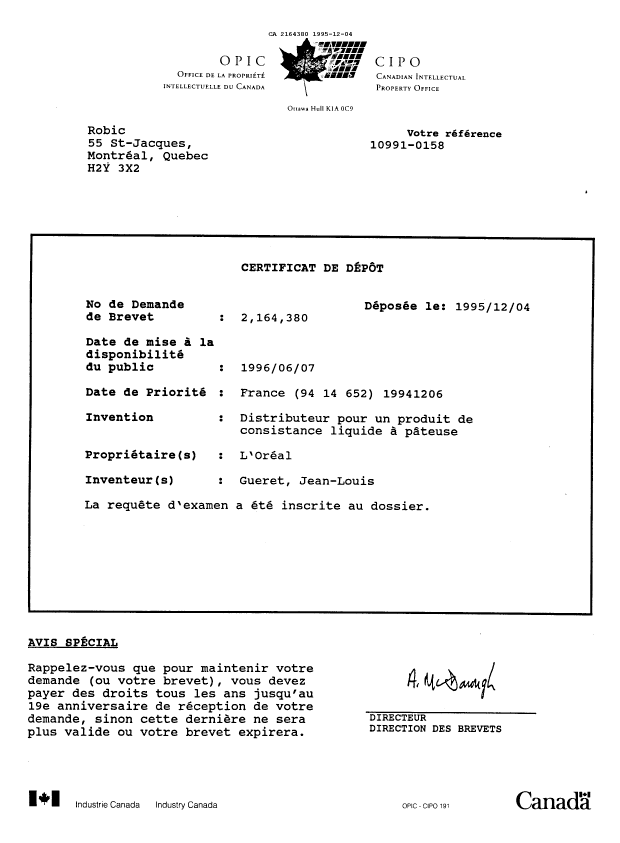 Canadian Patent Document 2164380. Prosecution Correspondence 19951204. Image 2 of 43