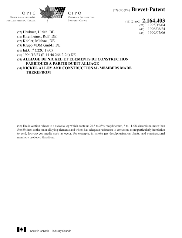 Document de brevet canadien 2164403. Page couverture 19990623. Image 1 de 1