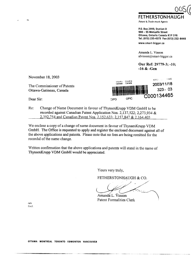 Document de brevet canadien 2164403. Cession 20031118. Image 1 de 2