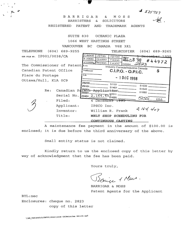 Canadian Patent Document 2164407. Fees 19981201. Image 1 of 1