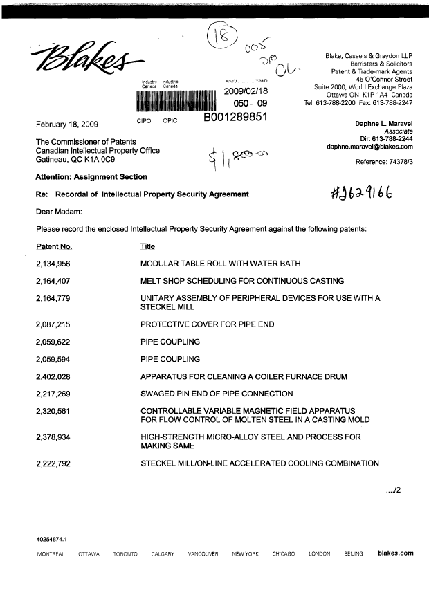 Canadian Patent Document 2164407. Assignment 20090218. Image 1 of 16