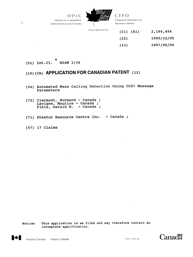 Canadian Patent Document 2164454. Cover Page 19960502. Image 1 of 1