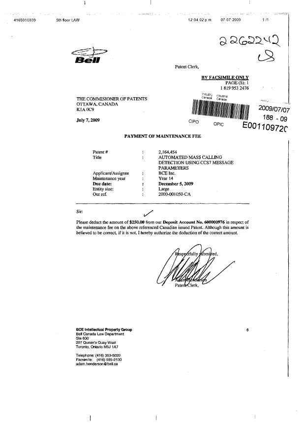 Canadian Patent Document 2164454. Fees 20090707. Image 1 of 1