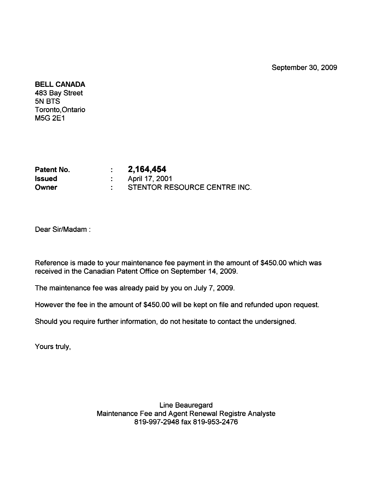 Canadian Patent Document 2164454. Correspondence 20090930. Image 1 of 1