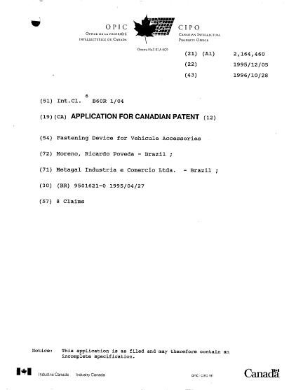 Document de brevet canadien 2164460. Page couverture 19951205. Image 1 de 1