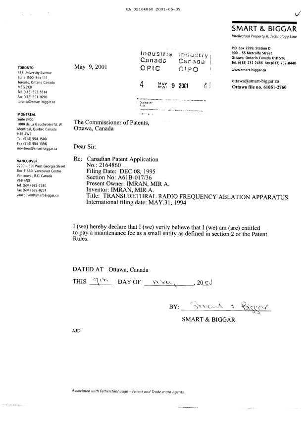 Canadian Patent Document 2164860. Correspondence 20001209. Image 1 of 1
