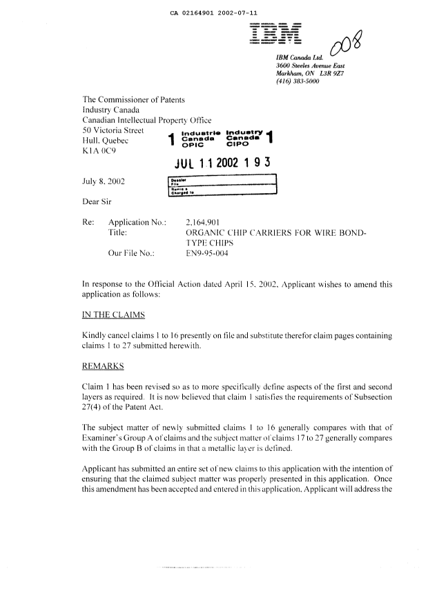 Canadian Patent Document 2164901. Prosecution-Amendment 20020711. Image 1 of 8