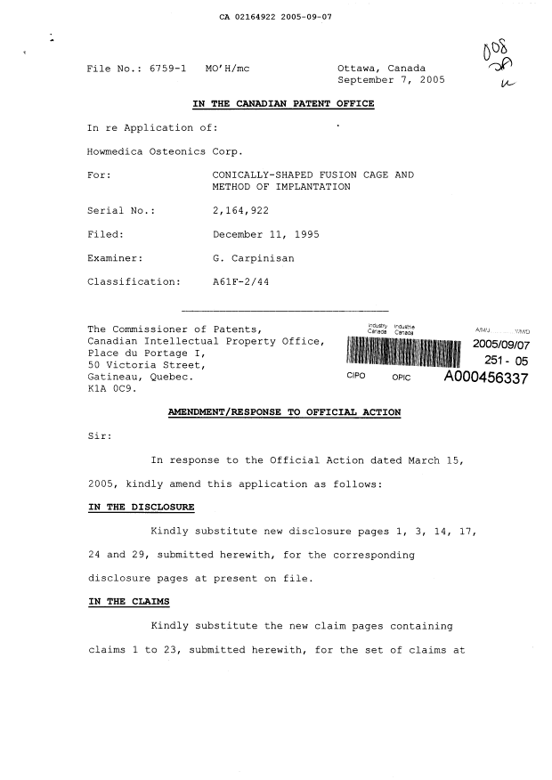 Canadian Patent Document 2164922. Prosecution-Amendment 20050907. Image 1 of 16