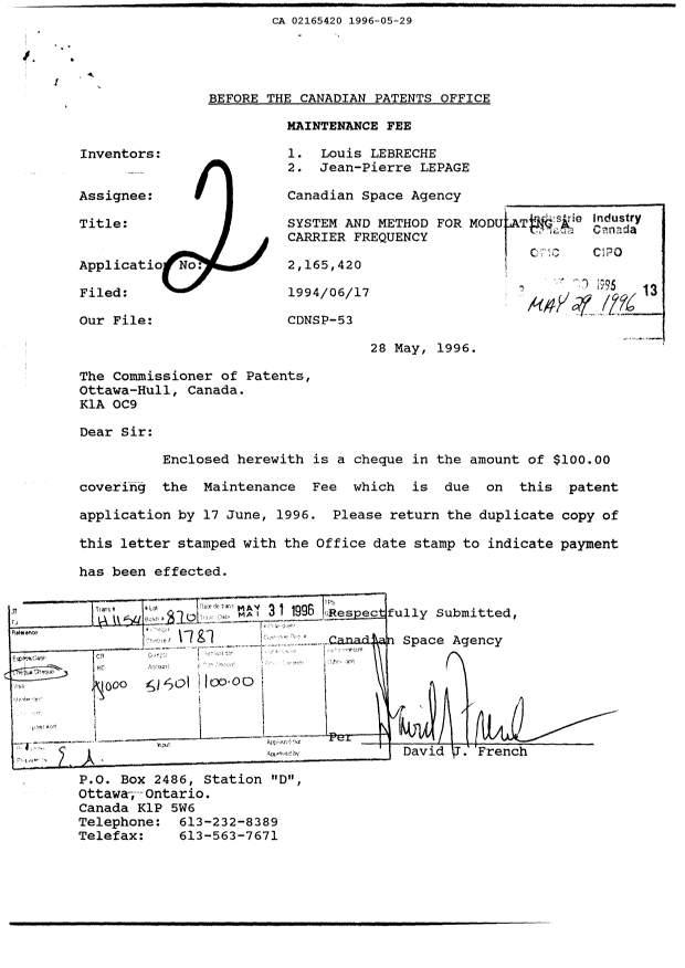 Document de brevet canadien 2165420. Taxes 19951229. Image 1 de 1