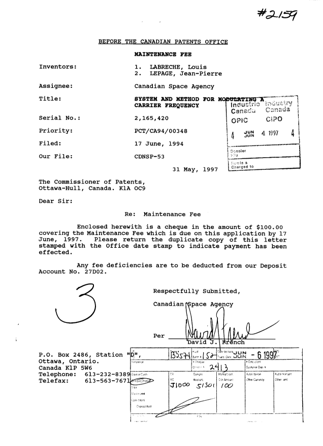 Document de brevet canadien 2165420. Taxes 19961204. Image 1 de 1
