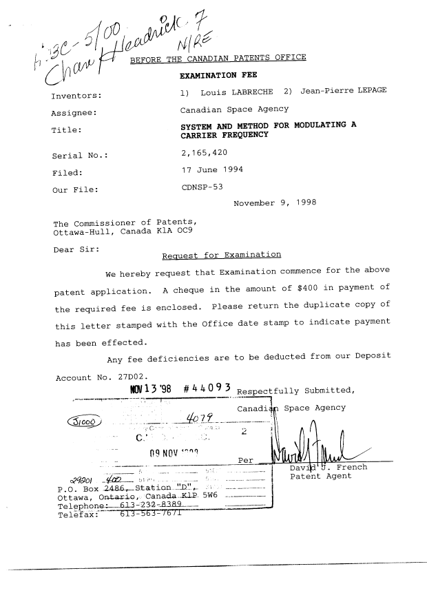 Canadian Patent Document 2165420. Prosecution-Amendment 19981109. Image 1 of 1