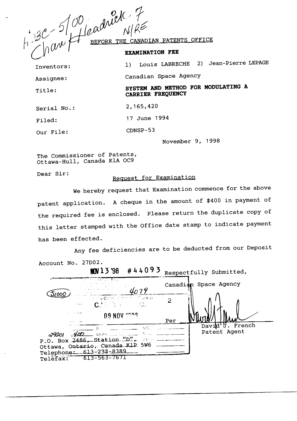 Canadian Patent Document 2165420. Prosecution-Amendment 19981109. Image 1 of 1
