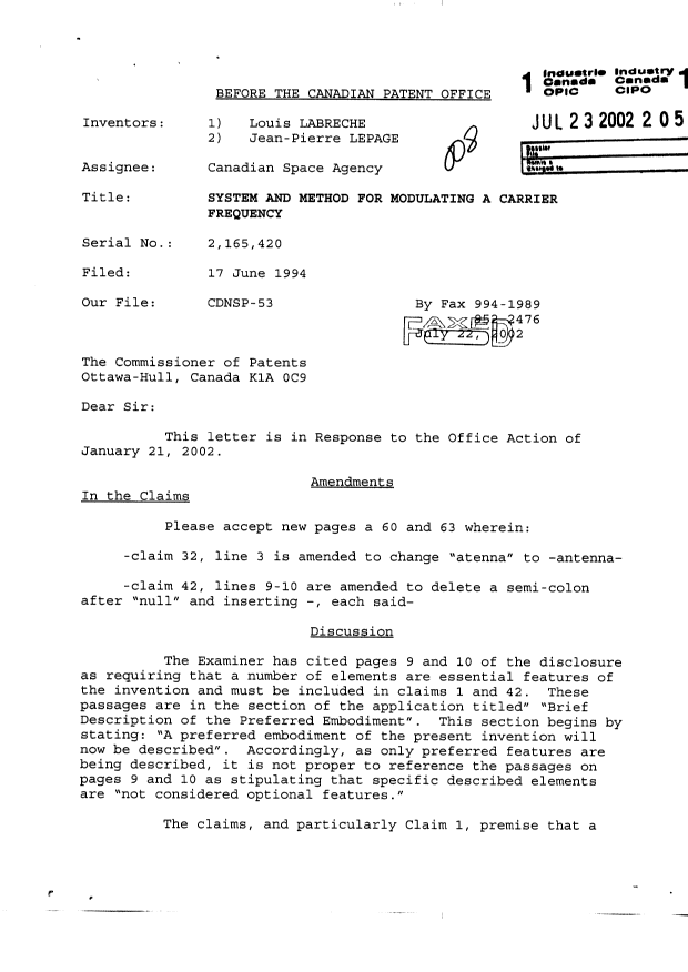 Canadian Patent Document 2165420. Prosecution-Amendment 20011223. Image 1 of 4