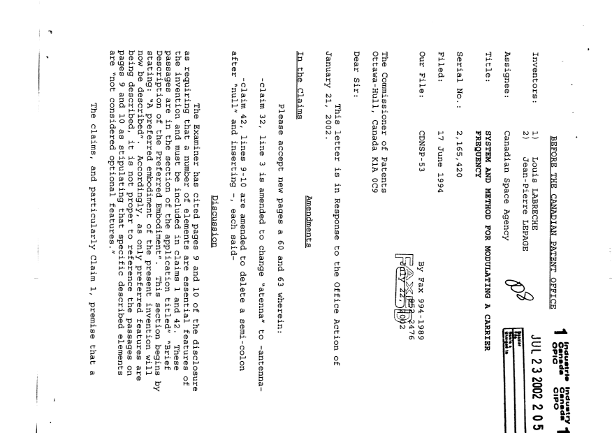 Canadian Patent Document 2165420. Prosecution-Amendment 20011223. Image 1 of 4