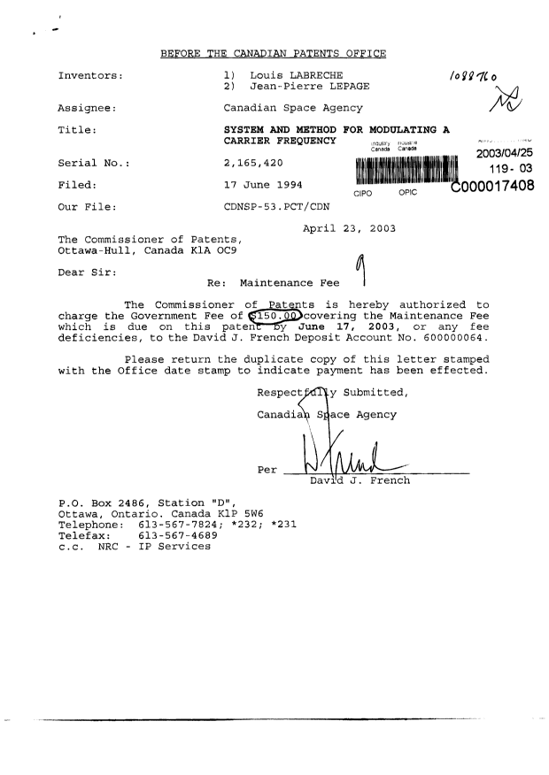 Document de brevet canadien 2165420. Taxes 20021225. Image 1 de 1