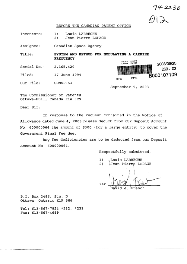 Document de brevet canadien 2165420. Correspondance 20021225. Image 1 de 1