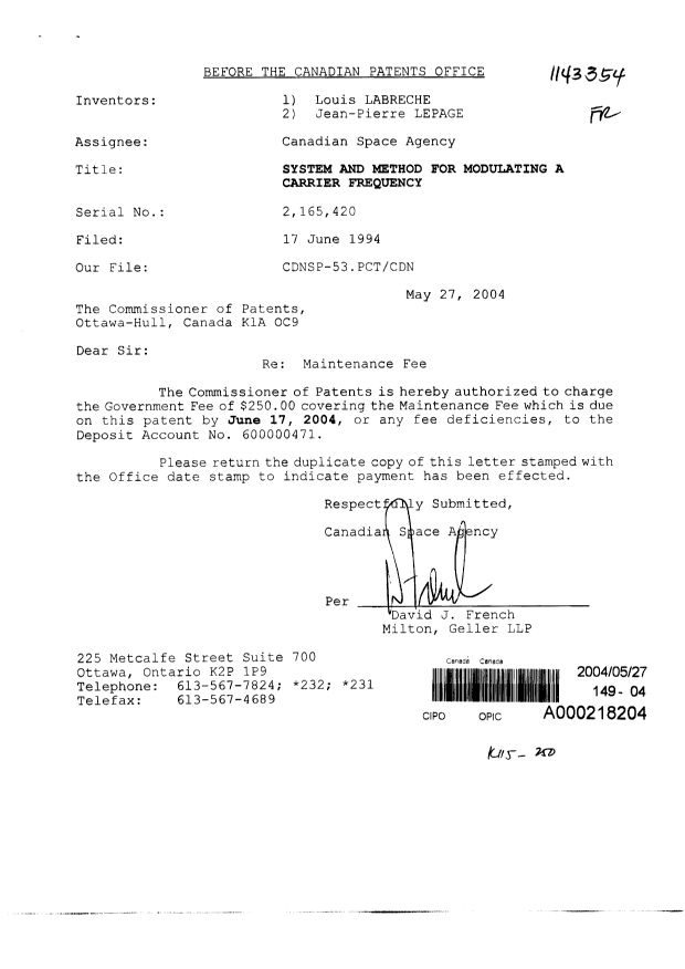 Document de brevet canadien 2165420. Taxes 20040527. Image 1 de 1