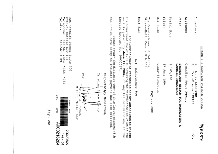 Canadian Patent Document 2165420. Fees 20040527. Image 1 of 1