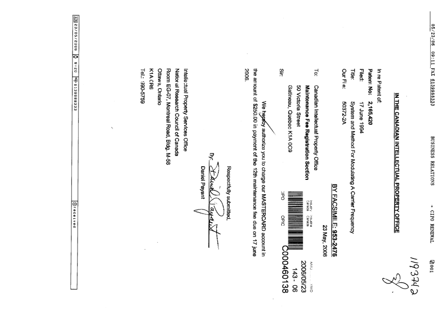 Document de brevet canadien 2165420. Taxes 20051223. Image 1 de 1
