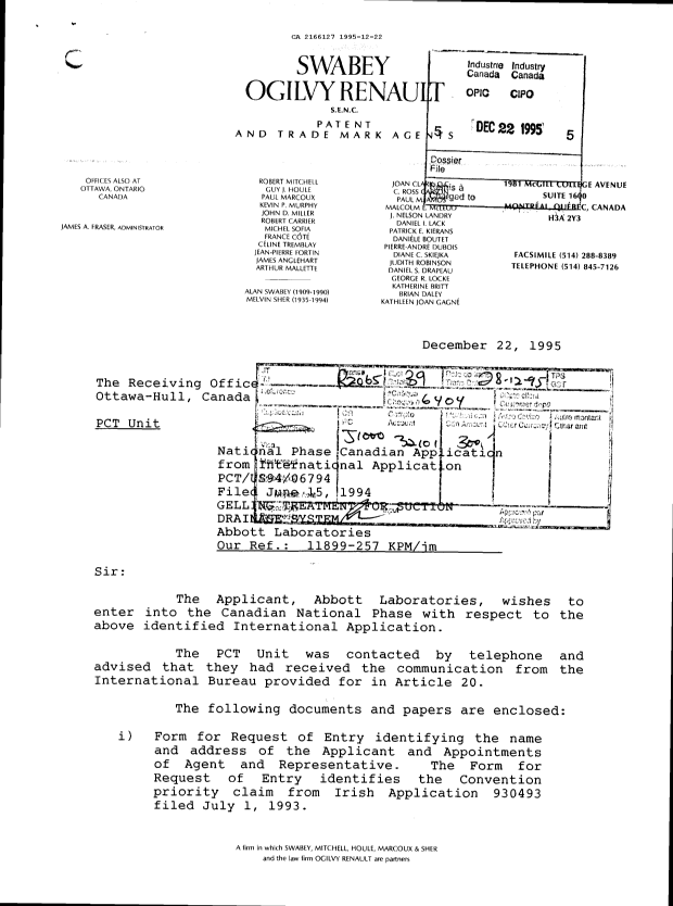 Document de brevet canadien 2166127. Demande d'entrée en phase nationale 19951222. Image 1 de 4