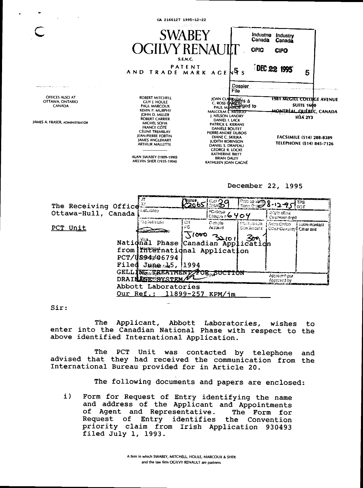 Canadian Patent Document 2166127. National Entry Request 19951222. Image 1 of 4
