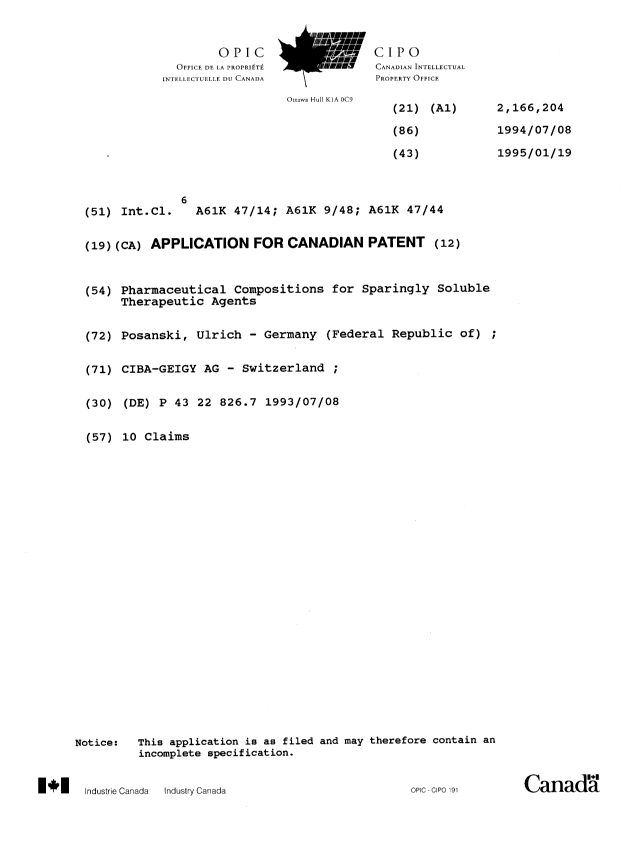 Canadian Patent Document 2166204. Cover Page 19960425. Image 1 of 1